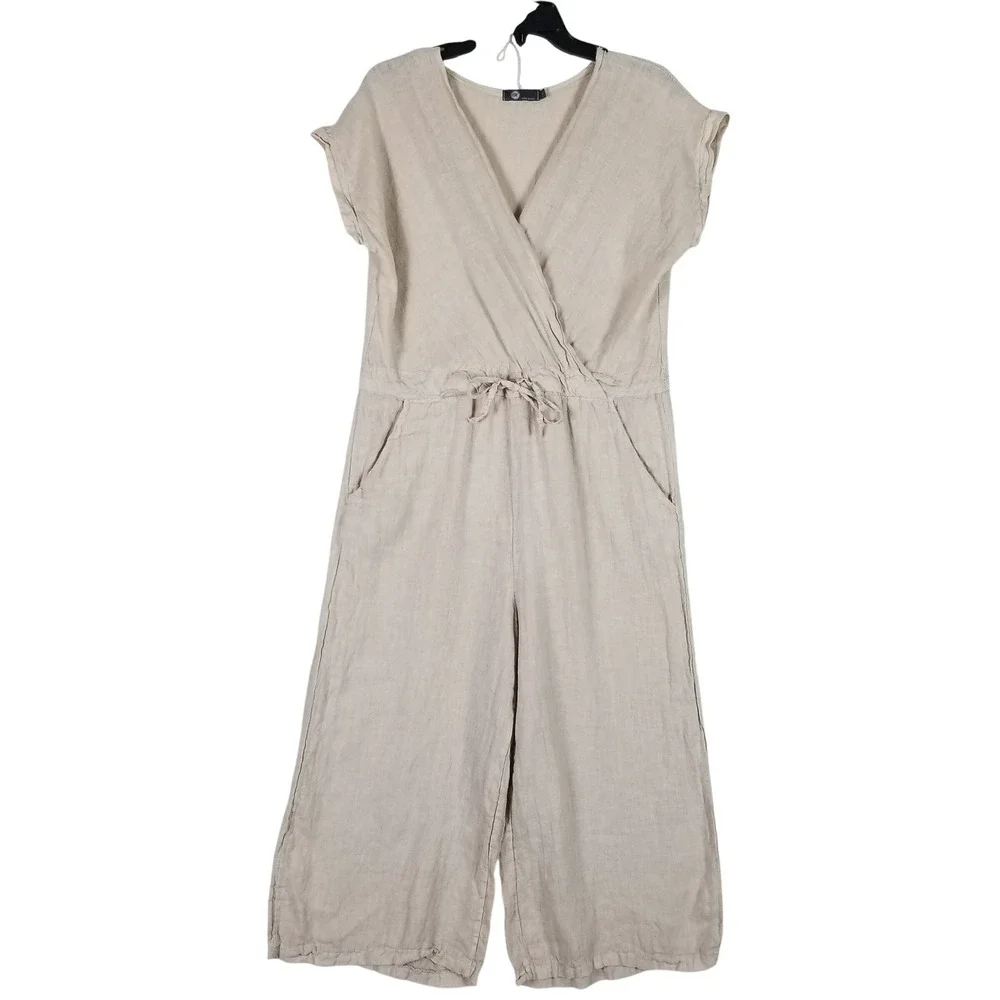 M Made in Italy Linen Jumpsuit Womens S Beige V-Neck Wide Leg Drawstring Waist